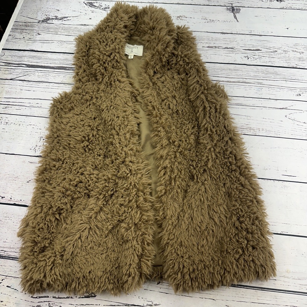 Ashley by 26 International Faux Fur Vest Women's Size S Brown Shaggy Open Front